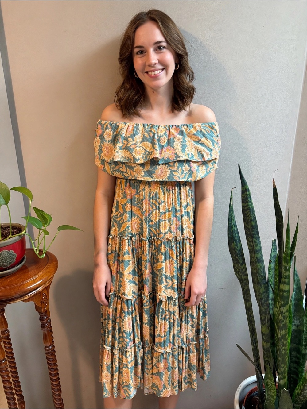 1. State Yellow and Teal Floral Off-Shoulder Tiered Maxi Dress
#0132